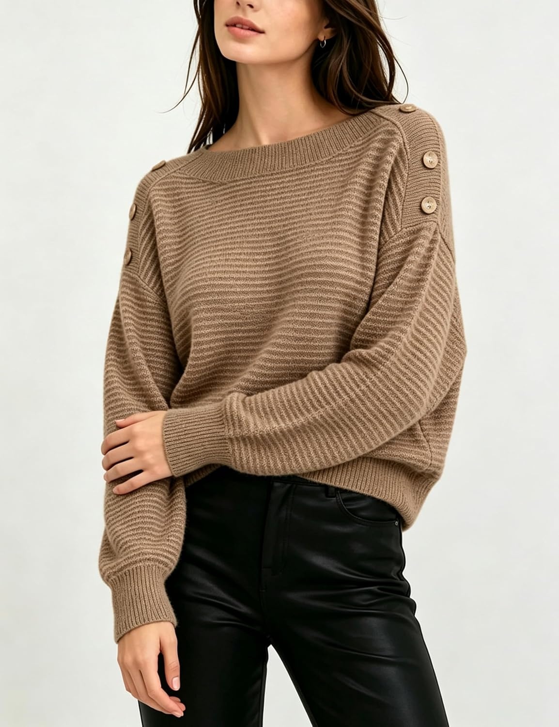 image:imageSpringrain Striped Sweaters for Women Long Sleeve Loose Knit PulloverBrown