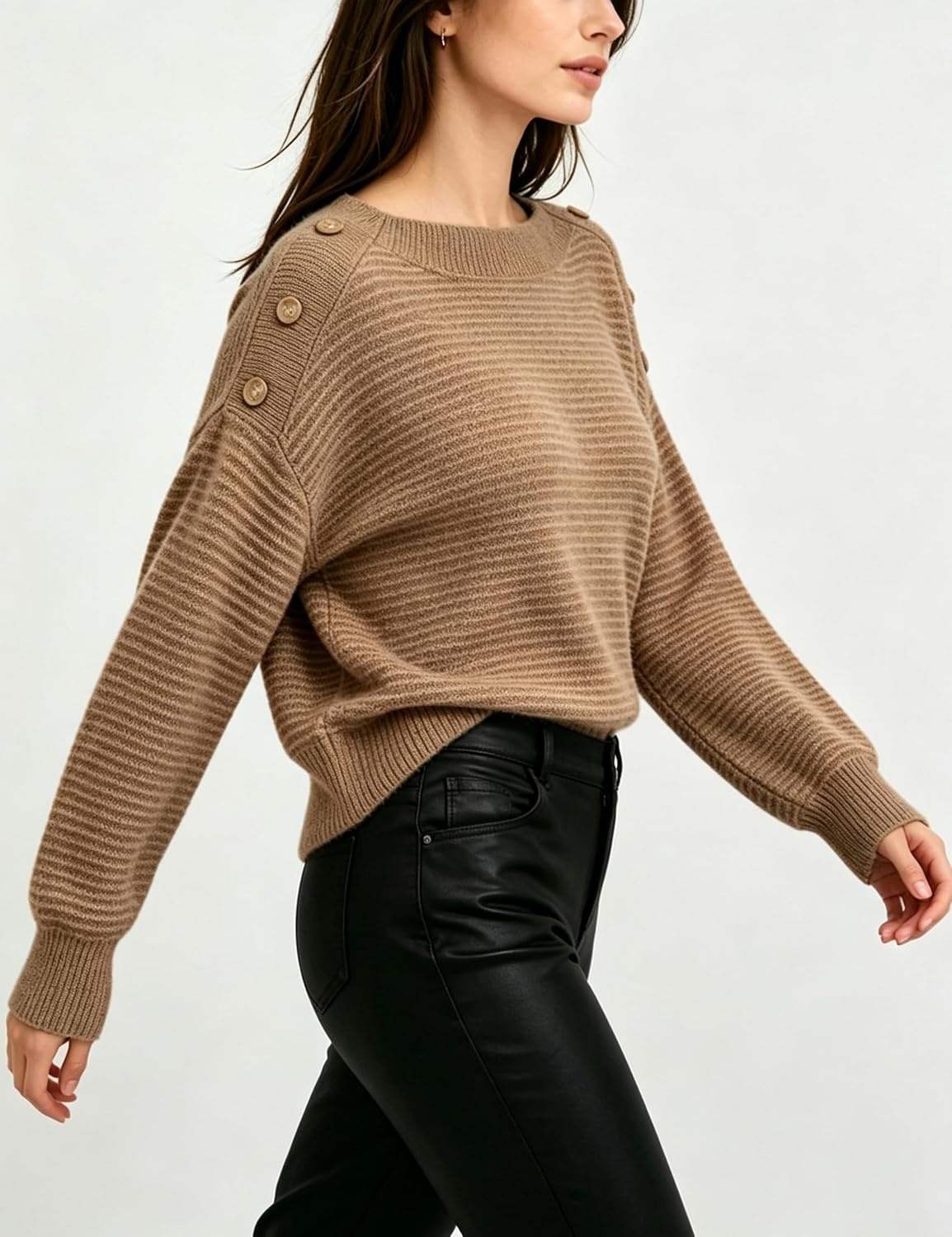 image:imageSpringrain Striped Sweaters for Women Long Sleeve Loose Knit PulloverBrown