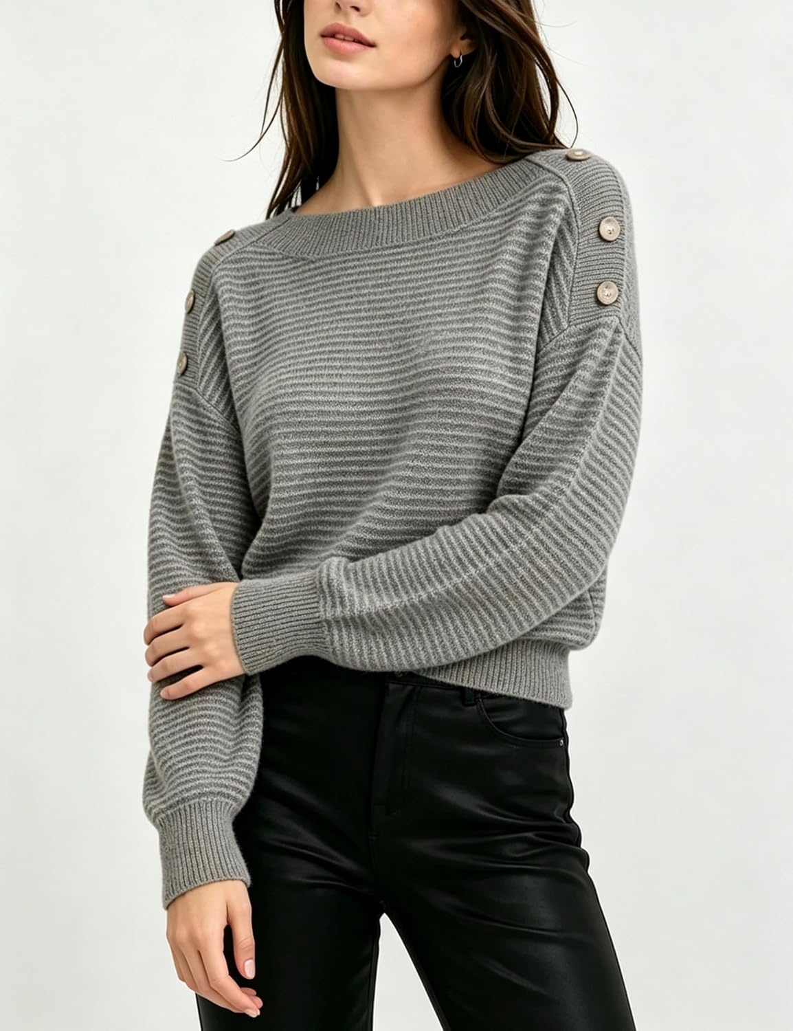 image:imageSpringrain Striped Sweaters for Women Long Sleeve Loose Knit PulloverGrey
