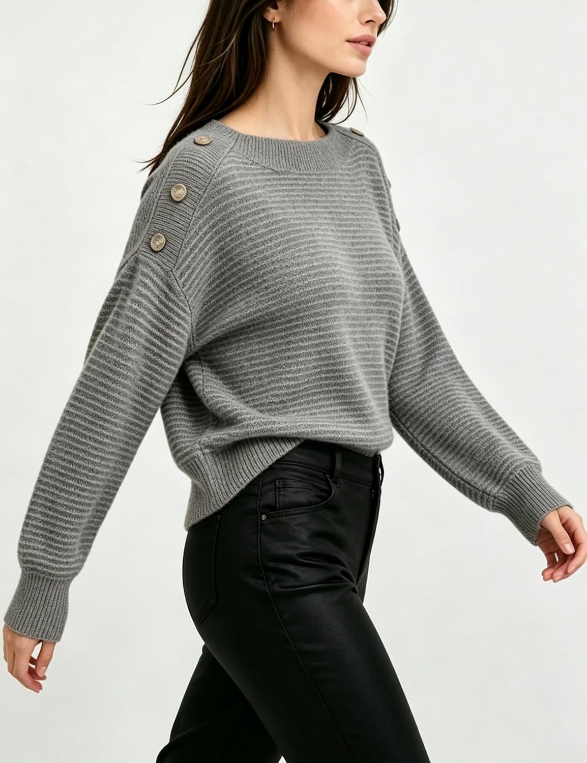 image:imageSpringrain Striped Sweaters for Women Long Sleeve Loose Knit PulloverGrey