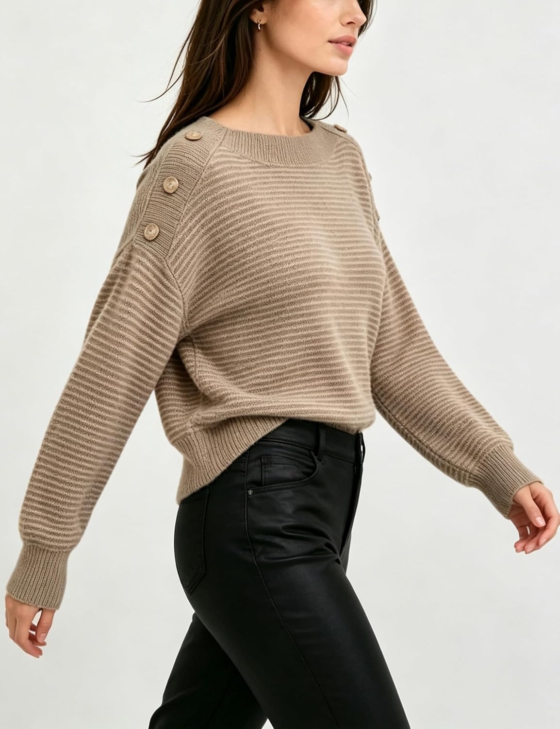 image:imageSpringrain Striped Sweaters for Women Long Sleeve Loose Knit PulloverKhaki