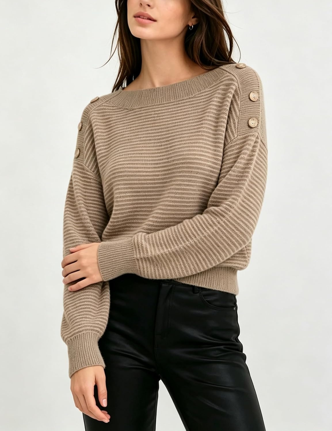 image:imageSpringrain Striped Sweaters for Women Long Sleeve Loose Knit PulloverKhaki