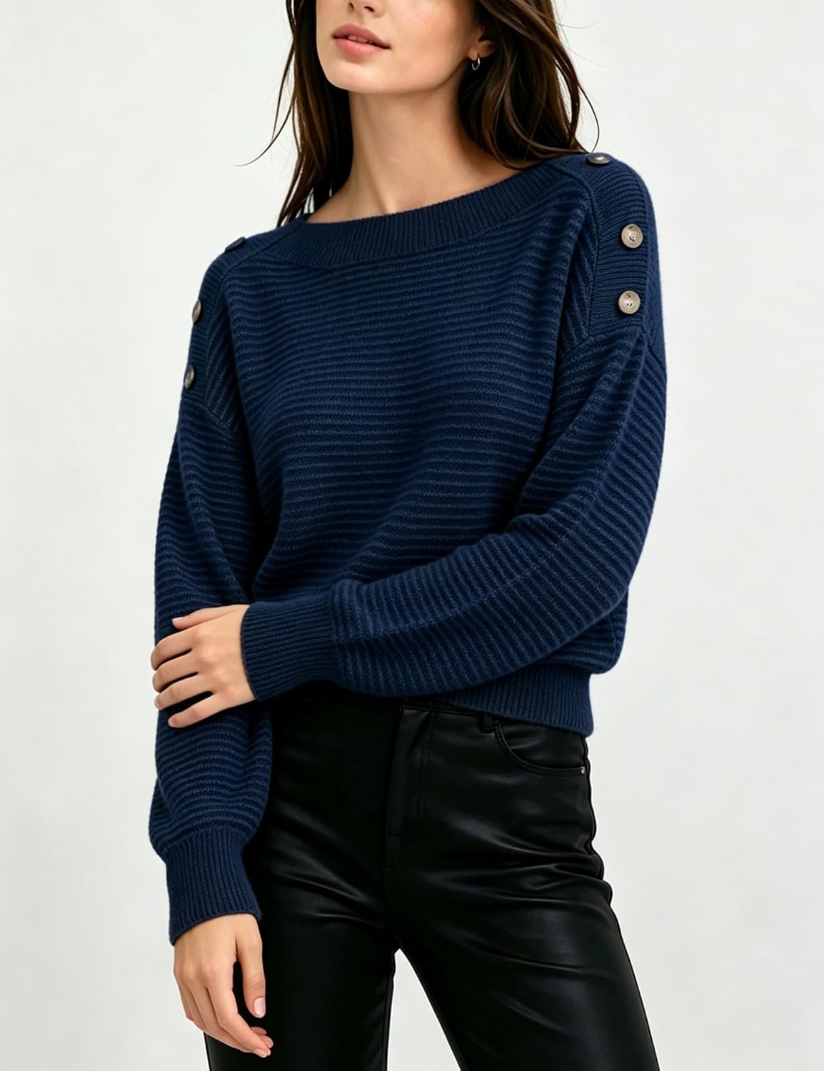 image:imageSpringrain Striped Sweaters for Women Long Sleeve Loose Knit PulloverNavy
