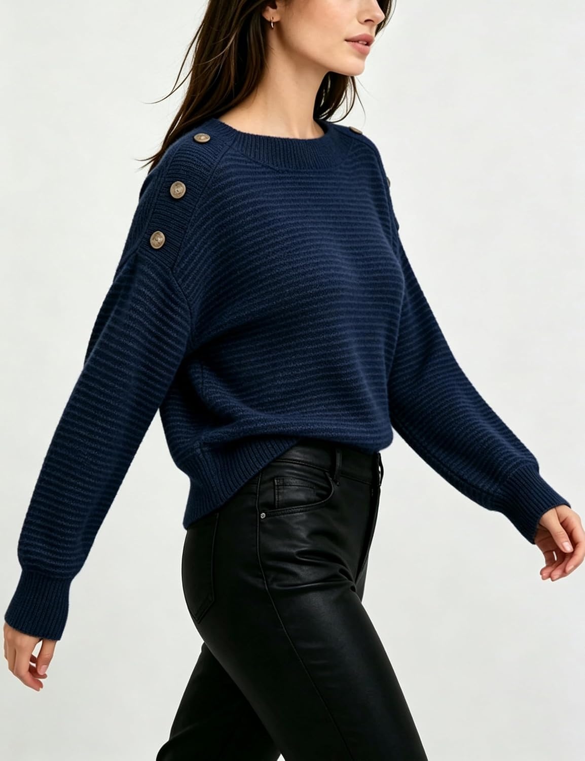 image:imageSpringrain Striped Sweaters for Women Long Sleeve Loose Knit PulloverNavy