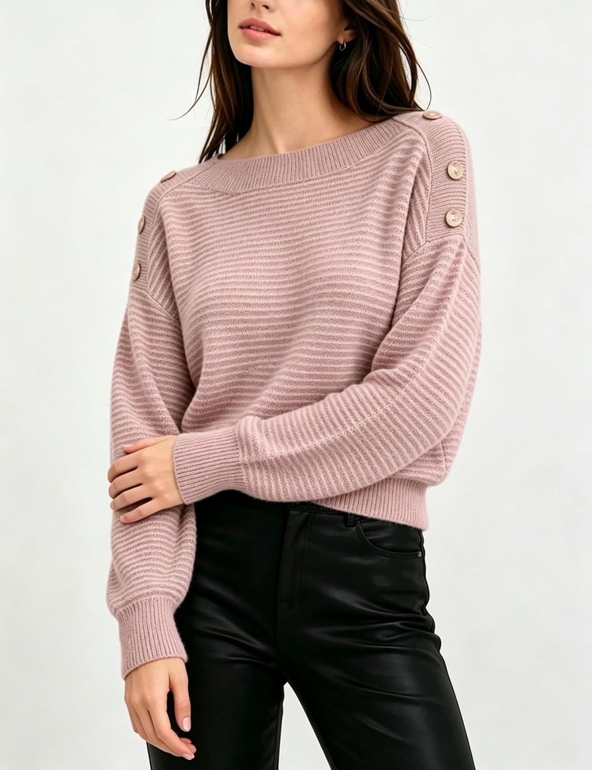 image:imageSpringrain Striped Sweaters for Women Long Sleeve Loose Knit PulloverPink