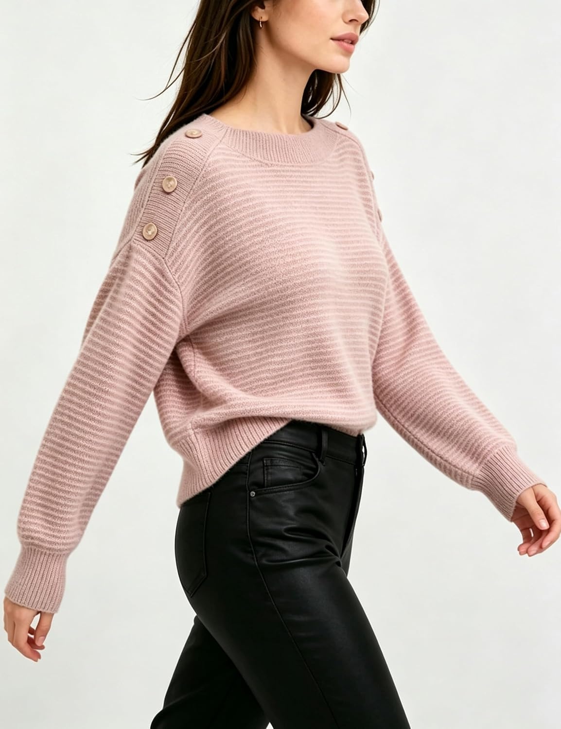 image:imageSpringrain Striped Sweaters for Women Long Sleeve Loose Knit PulloverPink