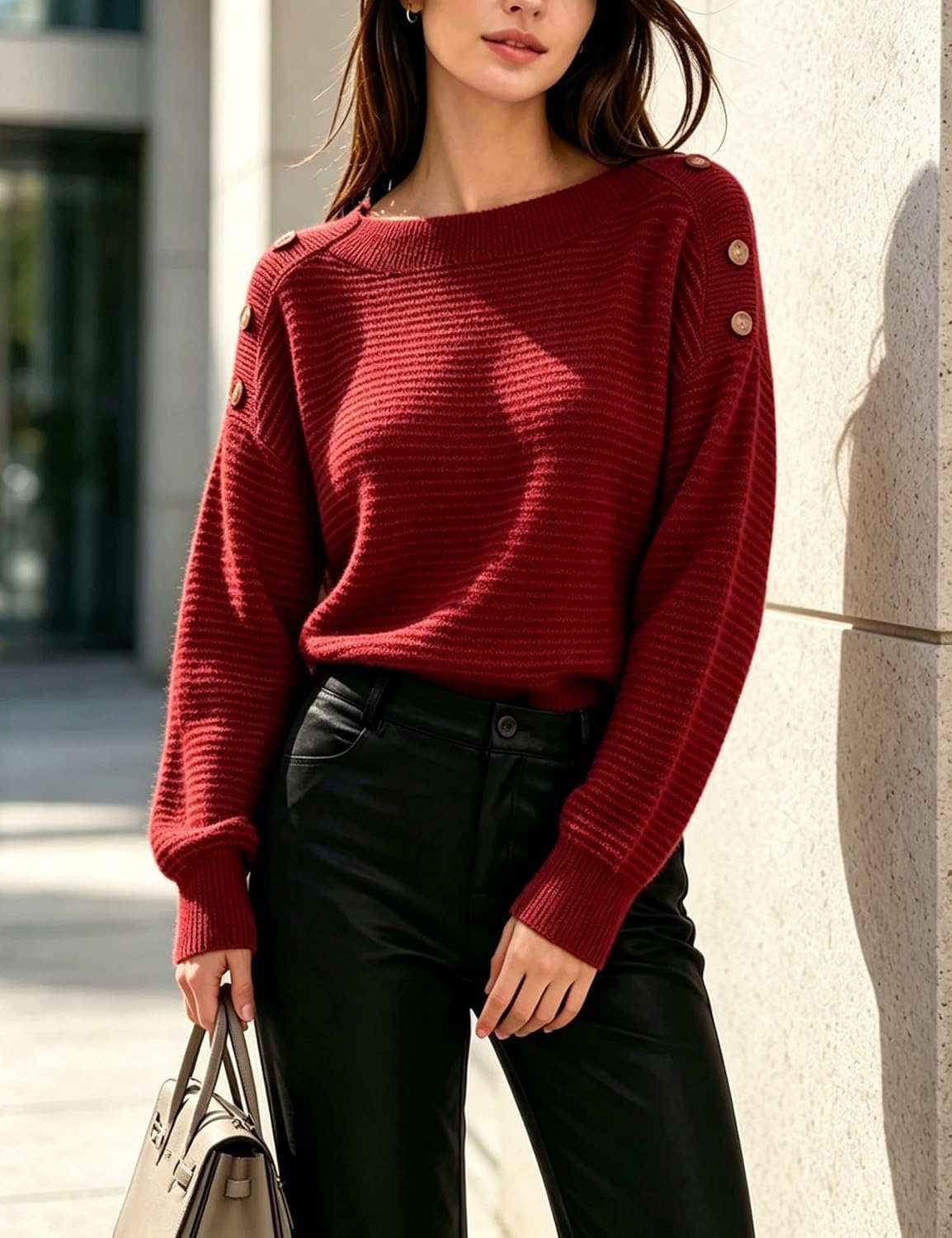 image:imageSpringrain Striped Sweaters for Women Long Sleeve Loose Knit PulloverRed