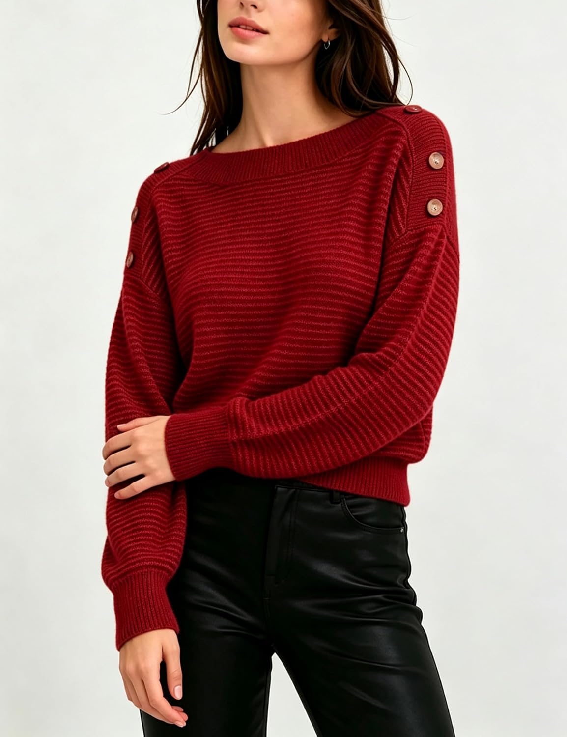 image:imageSpringrain Striped Sweaters for Women Long Sleeve Loose Knit PulloverRed