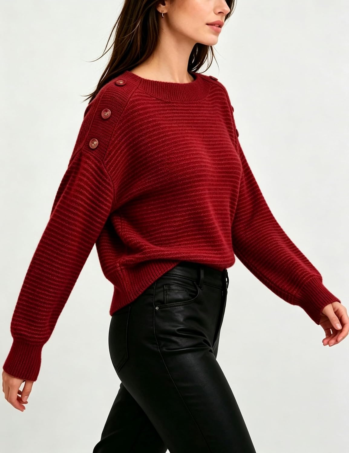 image:imageSpringrain Striped Sweaters for Women Long Sleeve Loose Knit PulloverRed