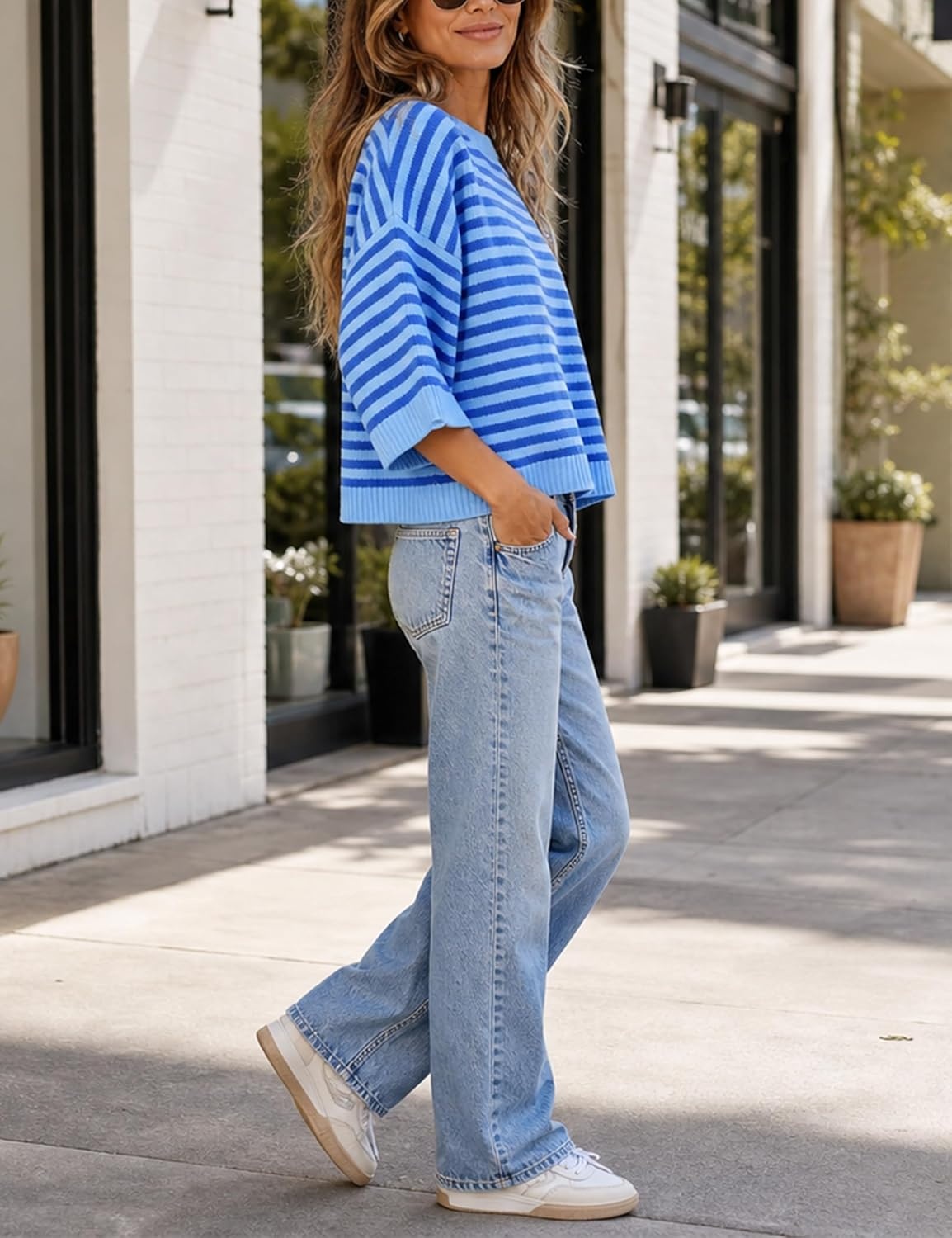 image:imageSpringrain Women Striped Knit Sweater Crew Neck Tops PulloverBlue