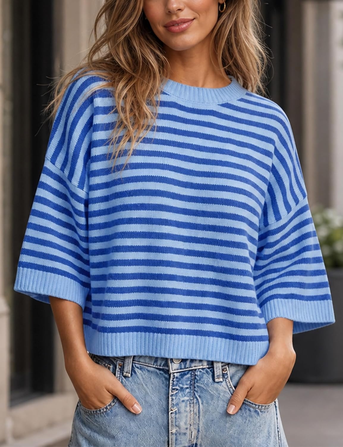 image:imageSpringrain Women Striped Knit Sweater Crew Neck Tops PulloverBlue