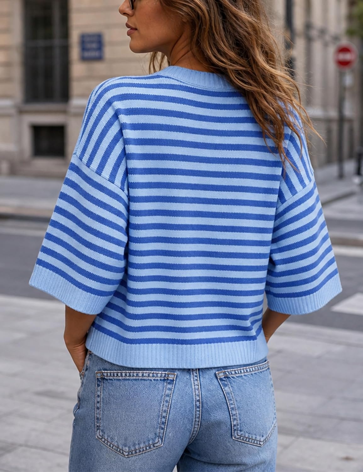 image:imageSpringrain Women Striped Knit Sweater Crew Neck Tops PulloverBlue