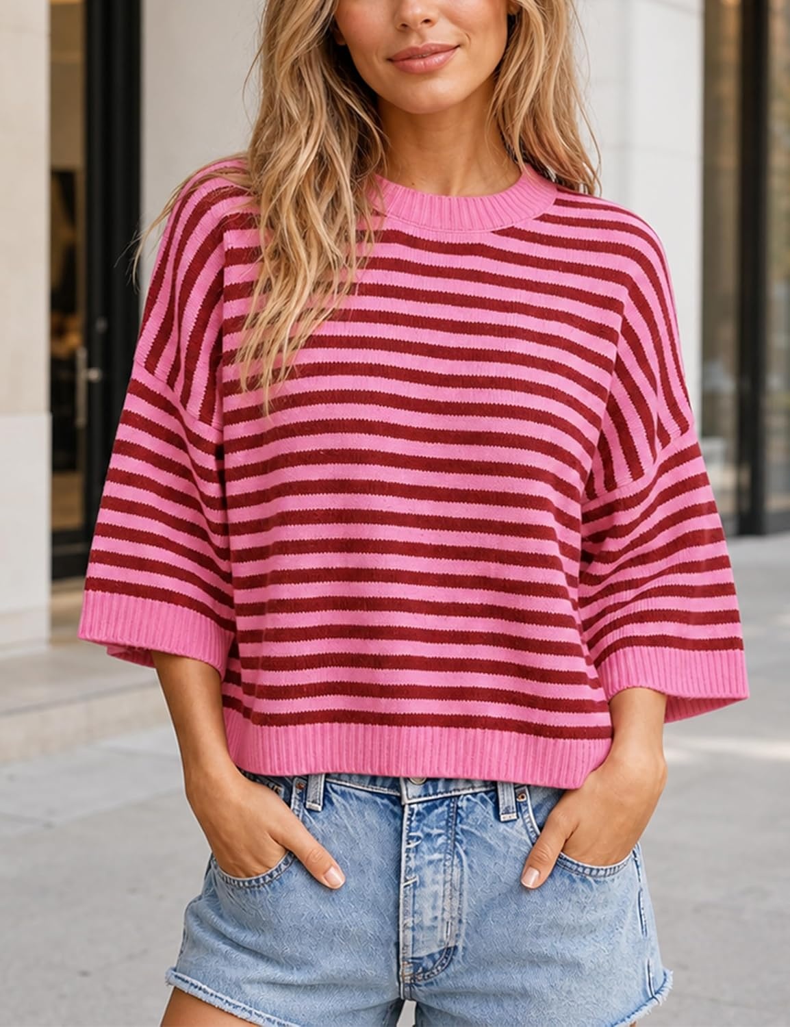 image:imageSpringrain Women Striped Knit Sweater Crew Neck Tops PulloverPink
