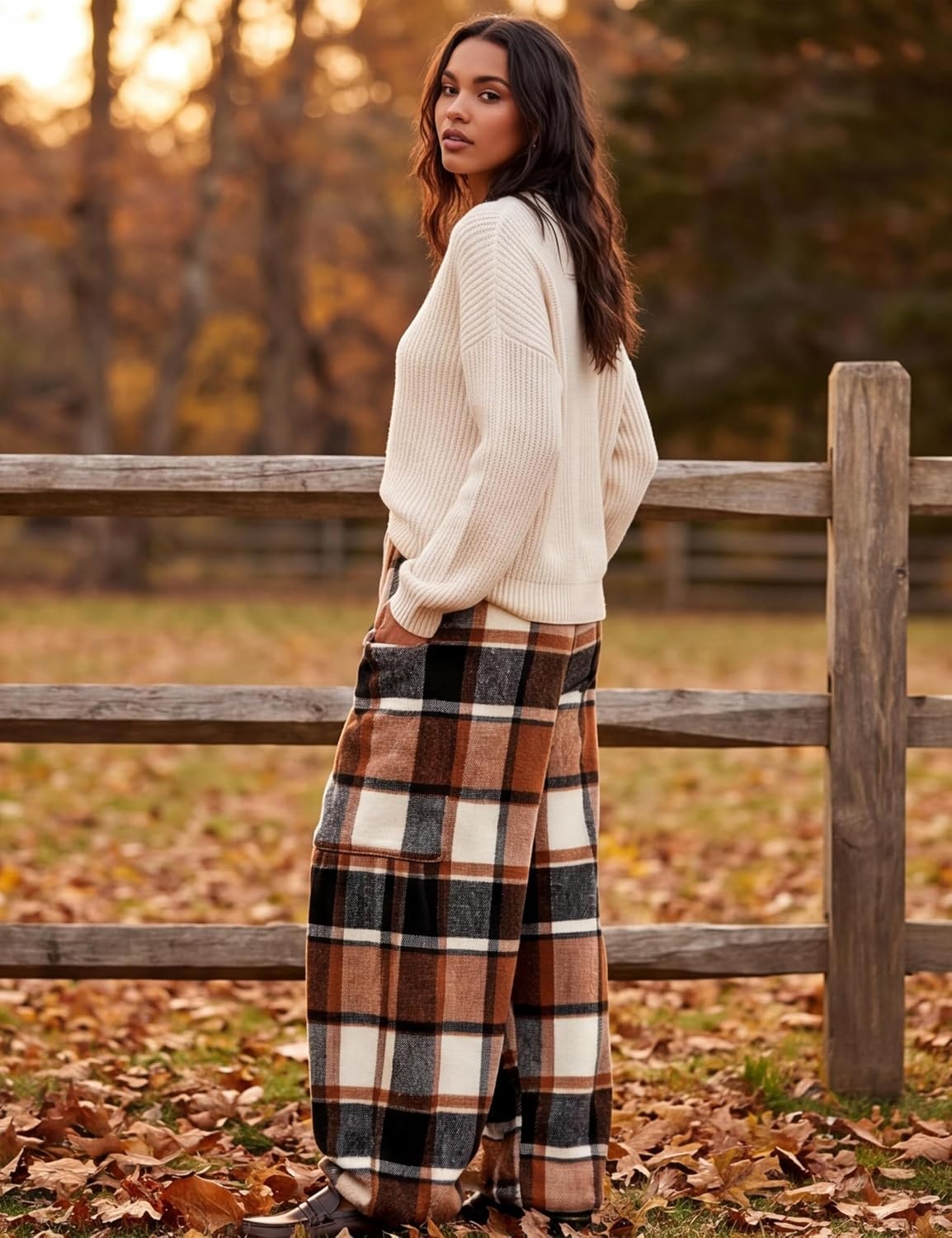 image:imageSpringrain Womens Baggy Wide Leg Pants Plaid Flannel Harem PantsBrown