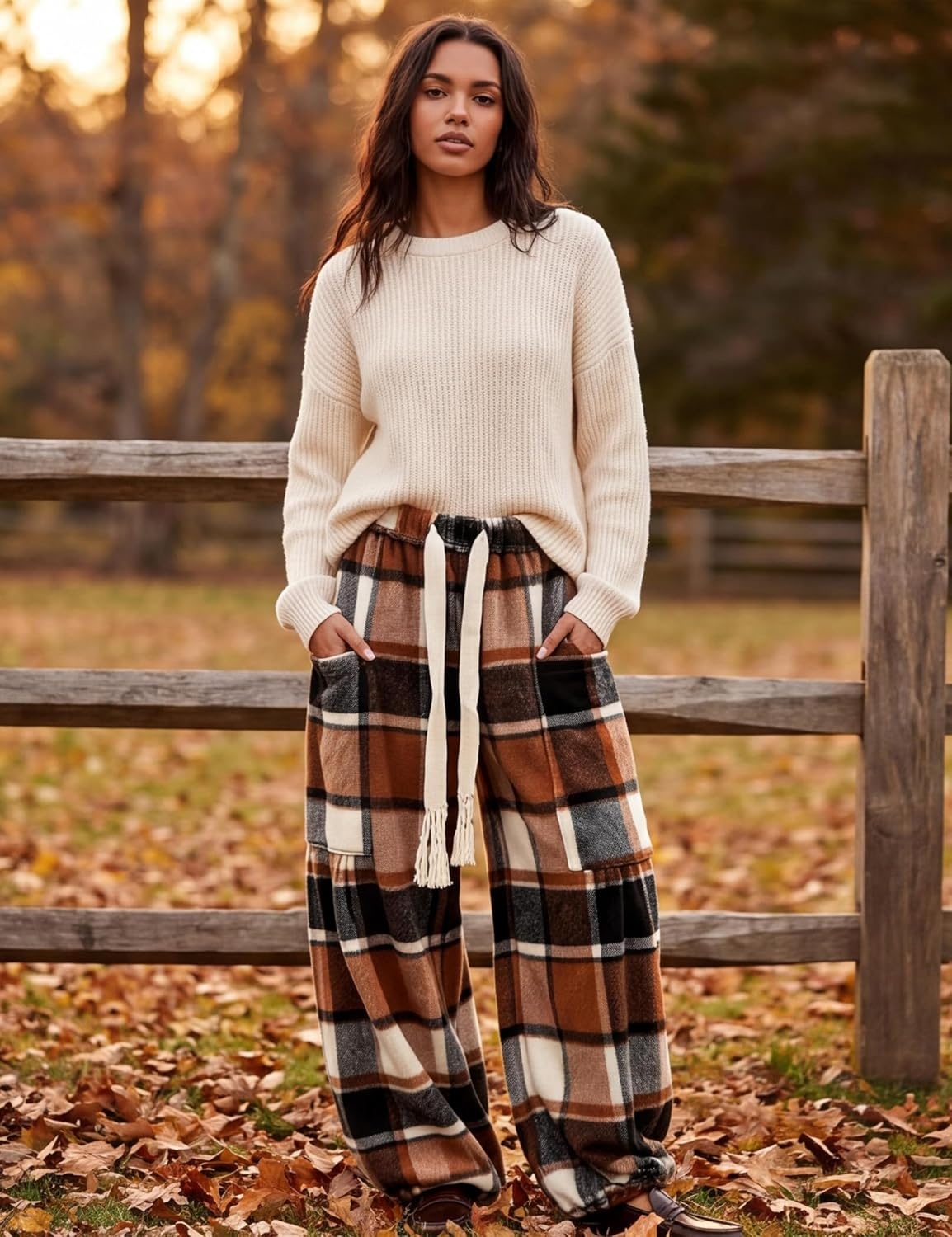 image:imageSpringrain Womens Baggy Wide Leg Pants Plaid Flannel Harem PantsBrown