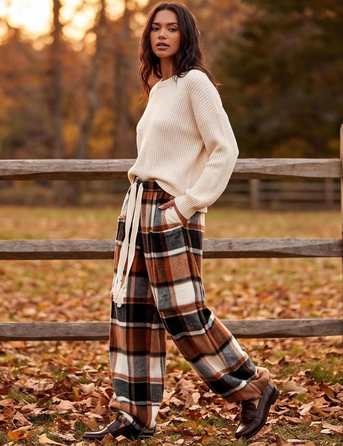 image:imageSpringrain Womens Baggy Wide Leg Pants Plaid Flannel Harem PantsBrown