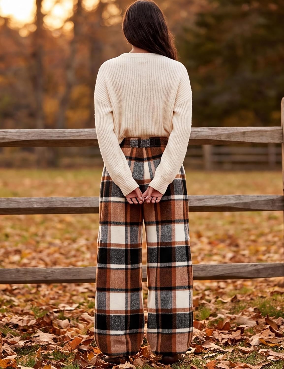 image:imageSpringrain Womens Baggy Wide Leg Pants Plaid Flannel Harem PantsBrown