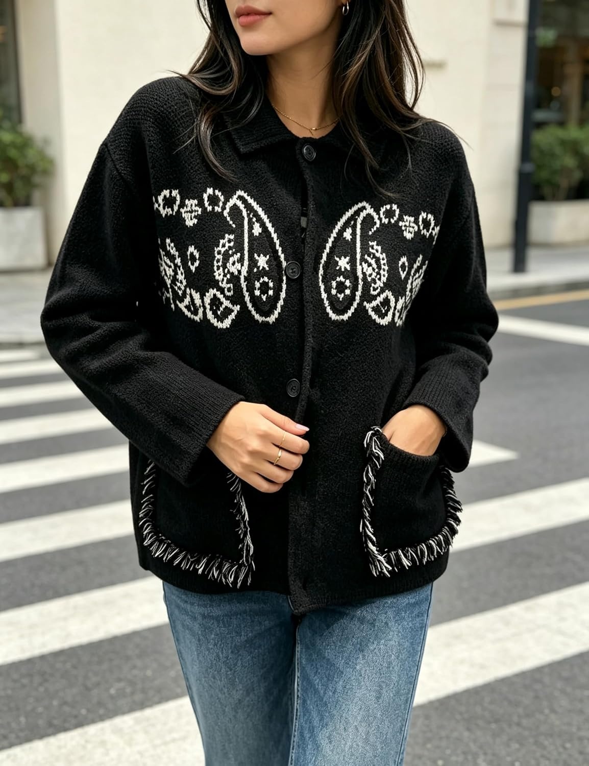image:imageSpringrain Womens Boho Paisley Knit Cardigan Fringe Trim SweaterBlack