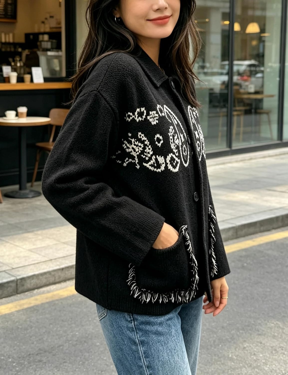 image:imageSpringrain Womens Boho Paisley Knit Cardigan Fringe Trim SweaterBlack