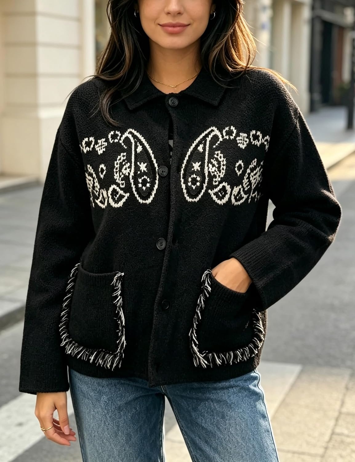 image:imageSpringrain Womens Boho Paisley Knit Cardigan Fringe Trim SweaterBlack
