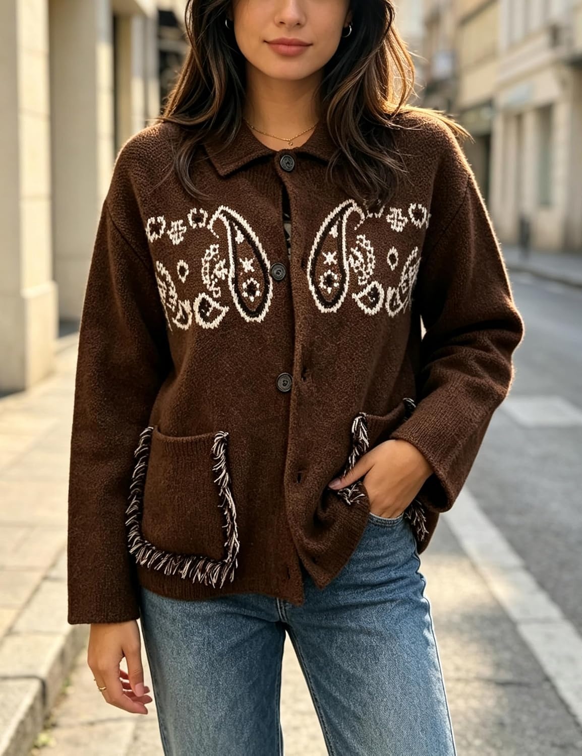 image:imageSpringrain Womens Boho Paisley Knit Cardigan Fringe Trim SweaterCoffee