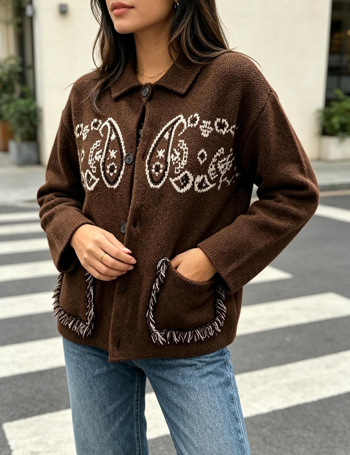 image:imageSpringrain Womens Boho Paisley Knit Cardigan Fringe Trim SweaterCoffee