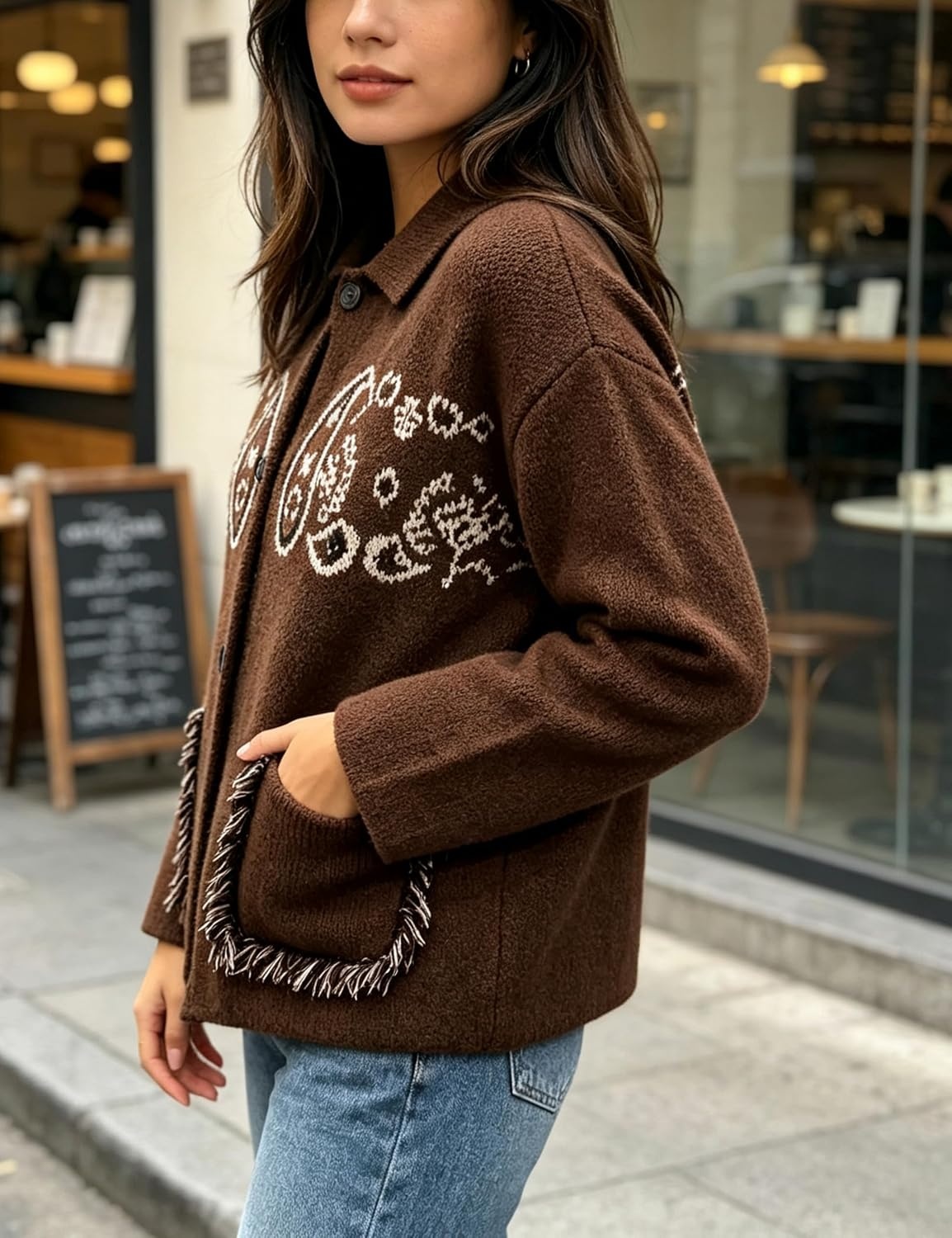 image:imageSpringrain Womens Boho Paisley Knit Cardigan Fringe Trim SweaterCoffee