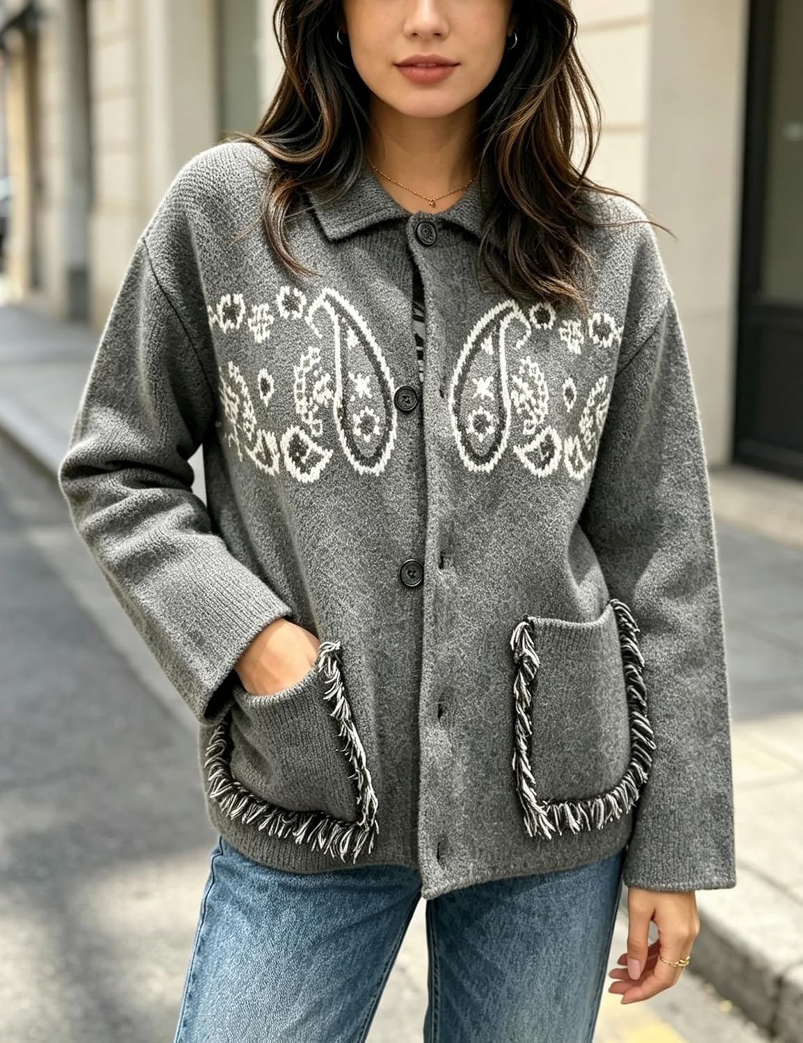 image:imageSpringrain Womens Boho Paisley Knit Cardigan Fringe Trim SweaterGrey