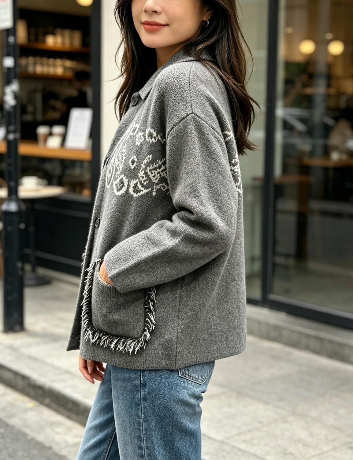 image:imageSpringrain Womens Boho Paisley Knit Cardigan Fringe Trim SweaterGrey