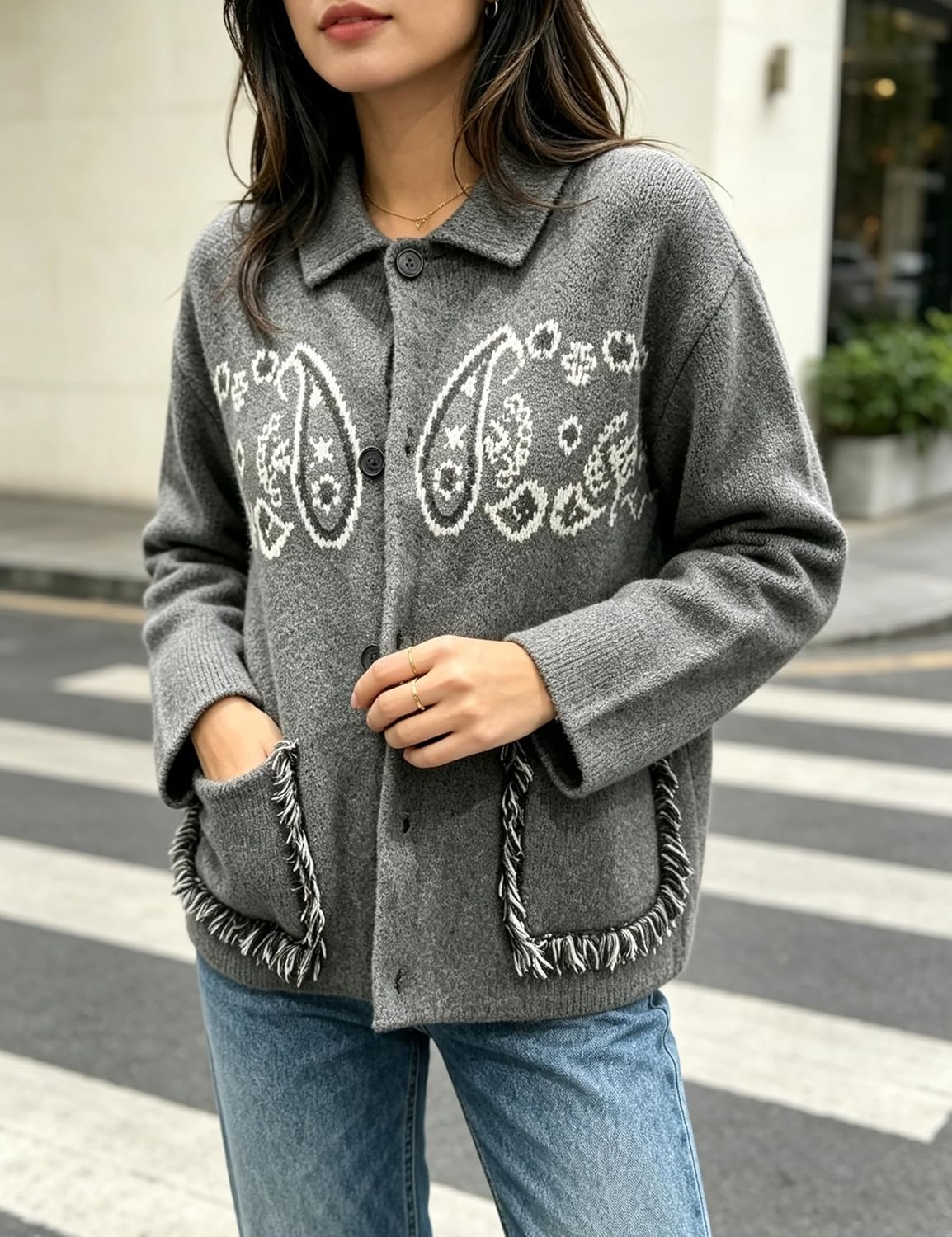 image:imageSpringrain Womens Boho Paisley Knit Cardigan Fringe Trim SweaterGrey