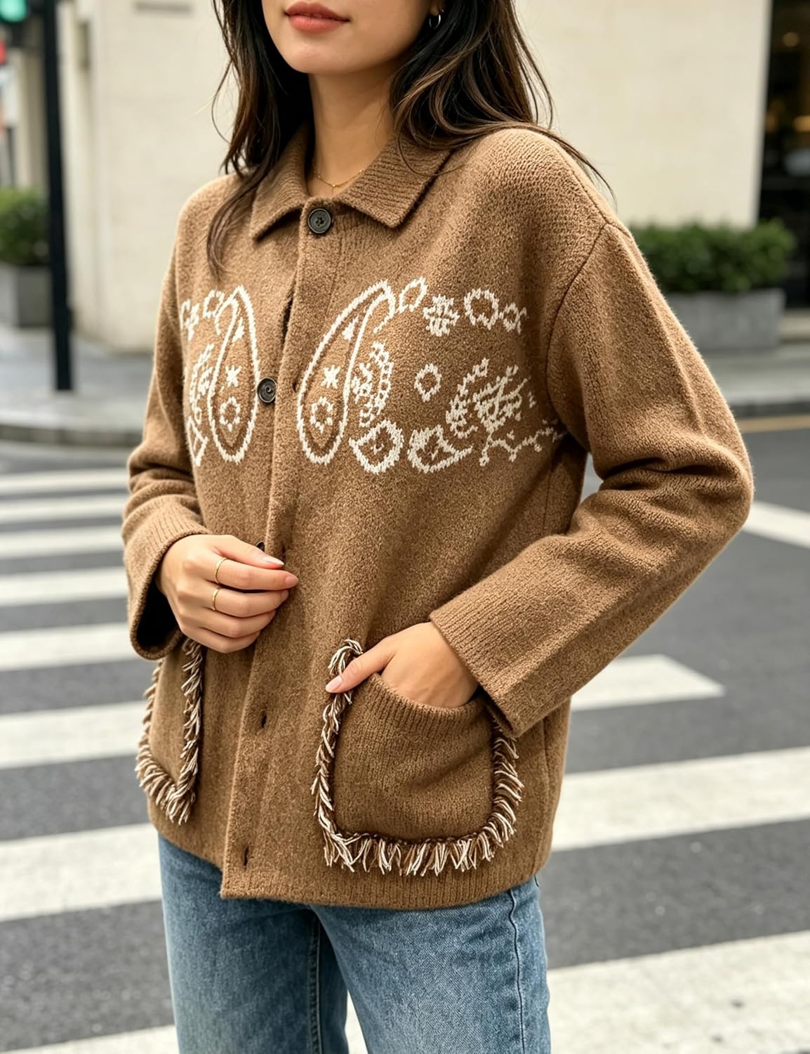 image:imageSpringrain Womens Boho Paisley Knit Cardigan Fringe Trim SweaterKhaki