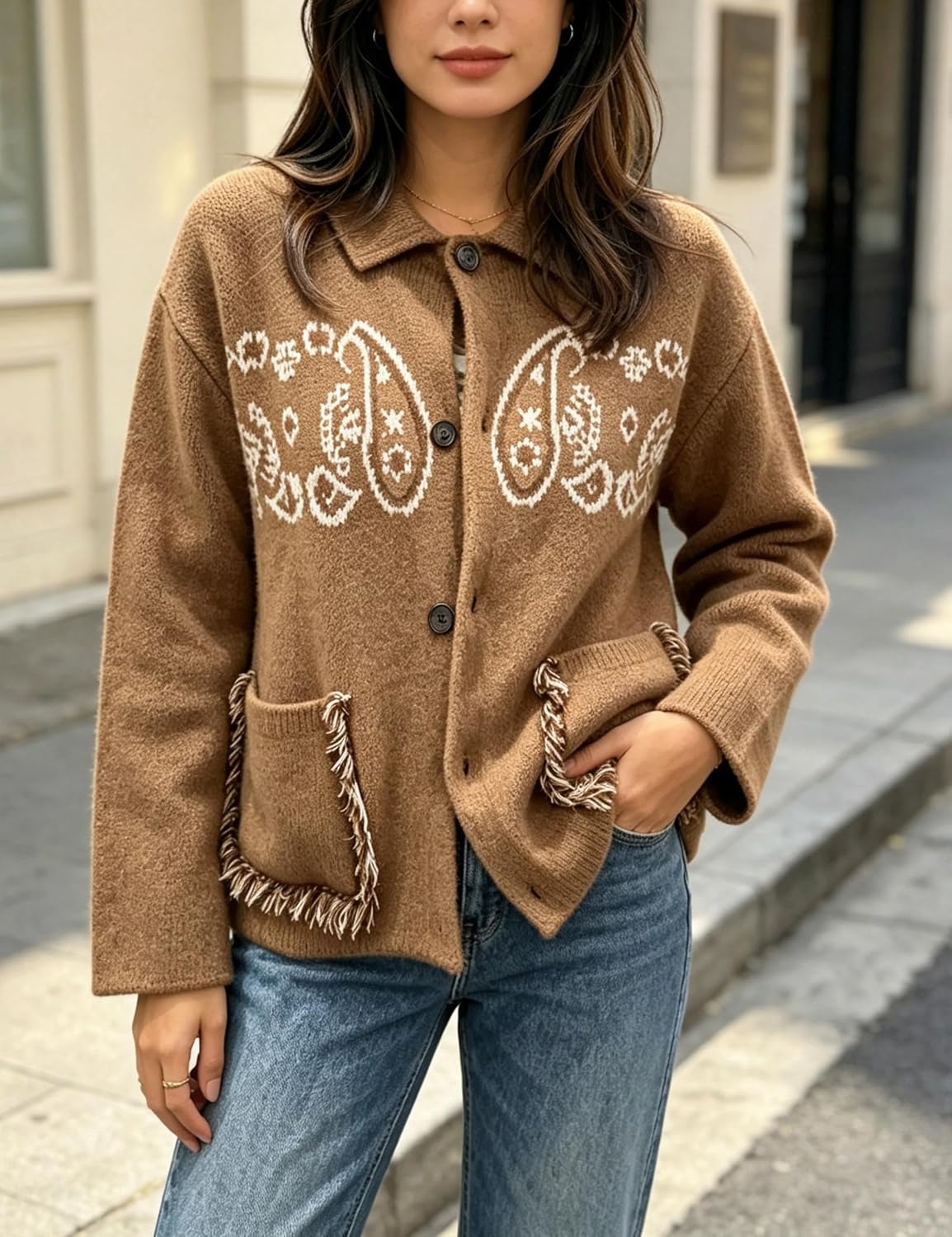 image:imageSpringrain Womens Boho Paisley Knit Cardigan Fringe Trim SweaterKhaki