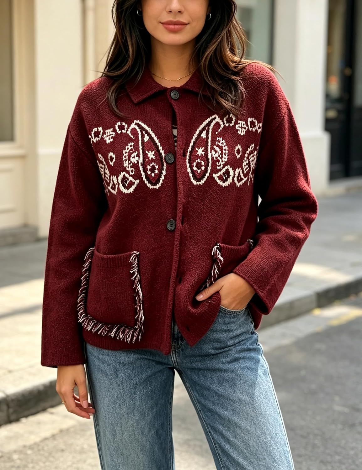 image:imageSpringrain Womens Boho Paisley Knit Cardigan Fringe Trim SweaterWinered