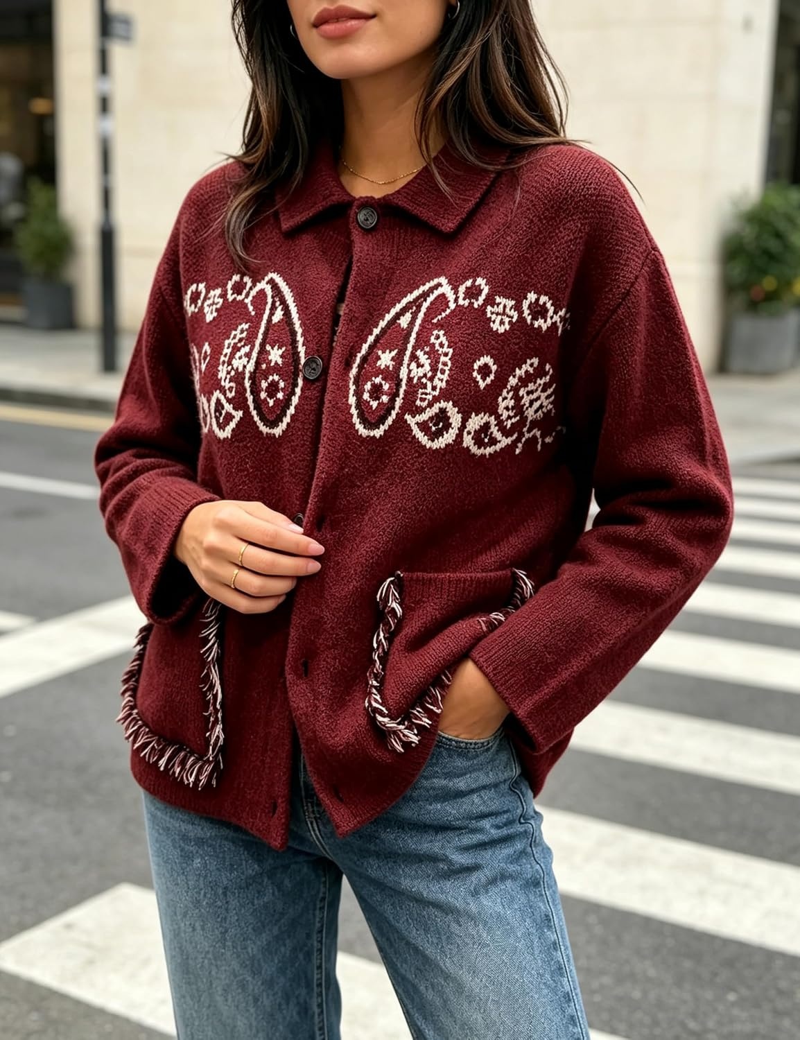 image:imageSpringrain Womens Boho Paisley Knit Cardigan Fringe Trim SweaterWinered