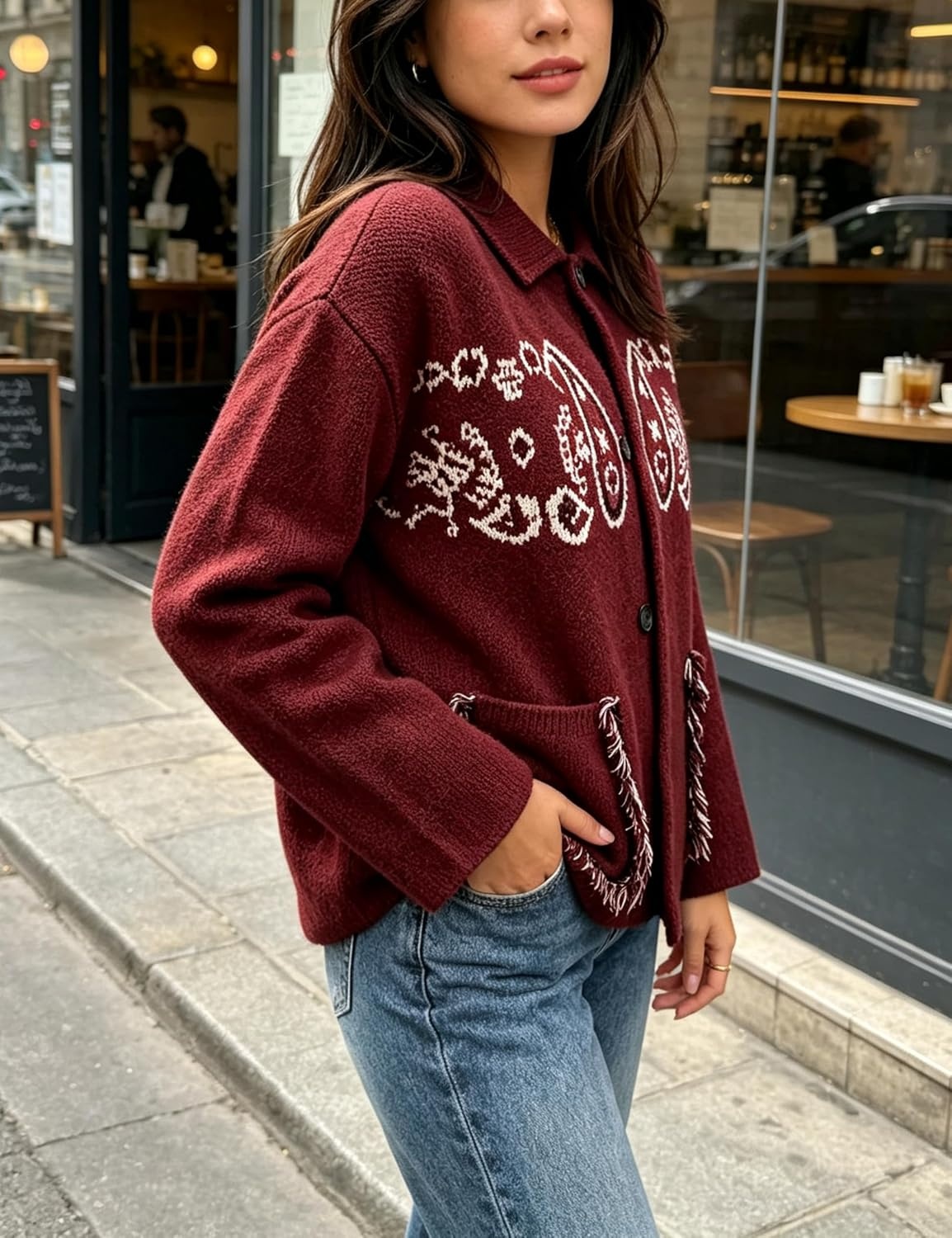 image:imageSpringrain Womens Boho Paisley Knit Cardigan Fringe Trim SweaterWinered