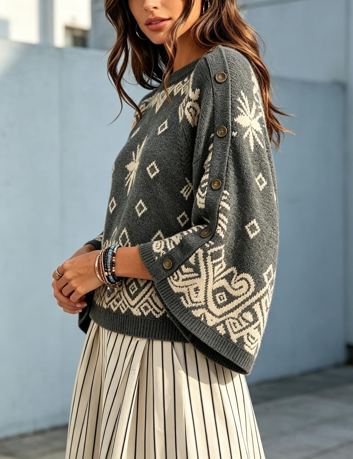 image:imageSpringrain Womens Boho Paisley Knit Sweater Wide Sleeve PulloverDarkgrey