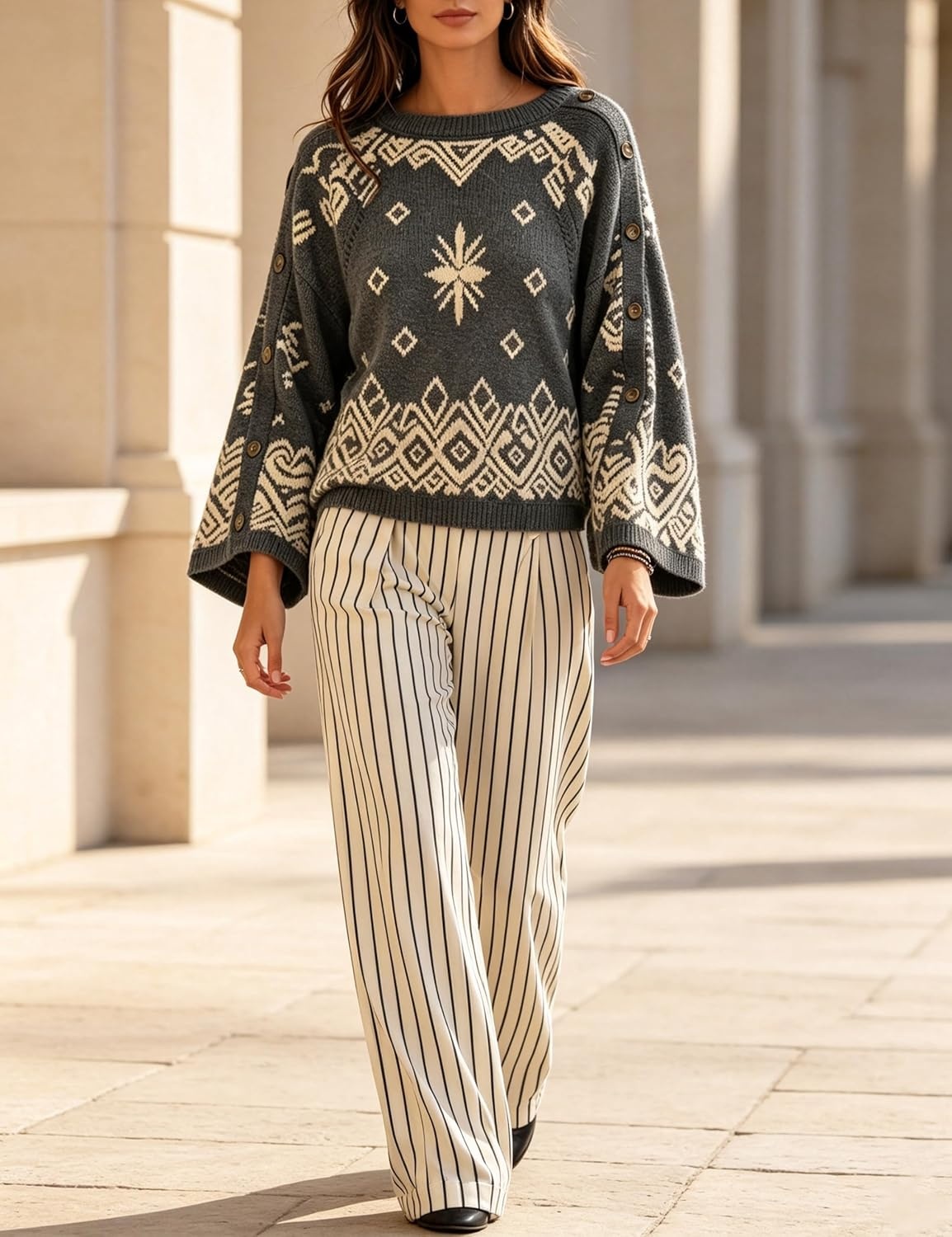 image:imageSpringrain Womens Boho Paisley Knit Sweater Wide Sleeve PulloverDarkgrey