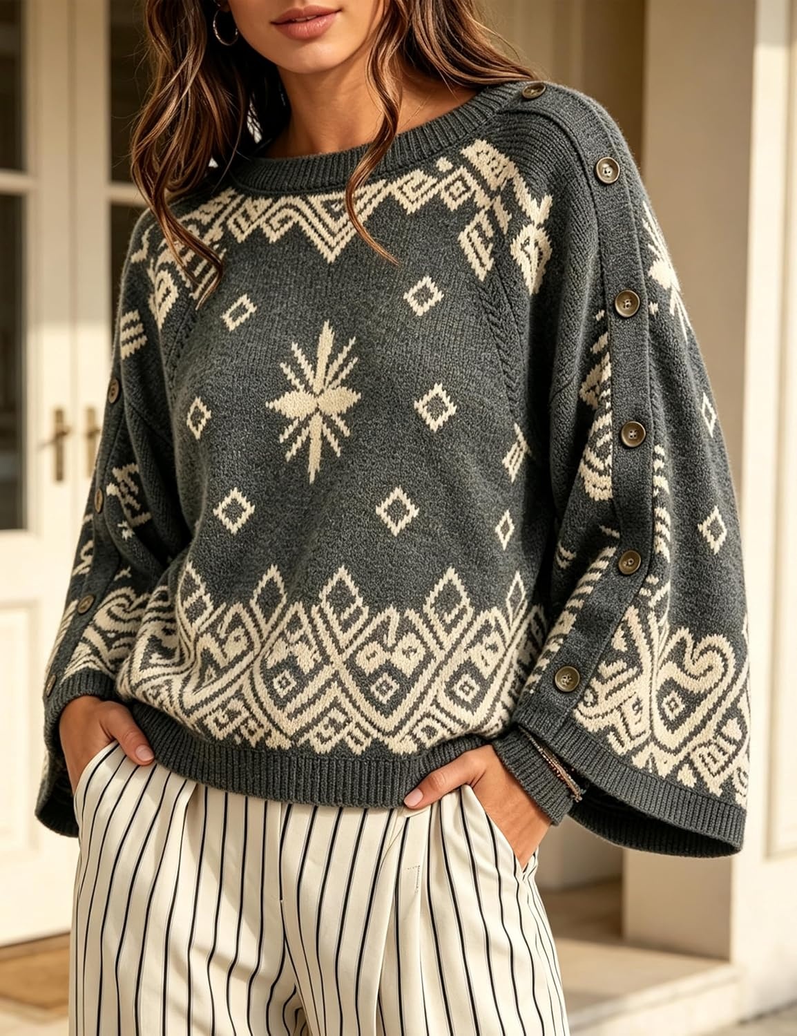 image:imageSpringrain Womens Boho Paisley Knit Sweater Wide Sleeve PulloverDarkgrey