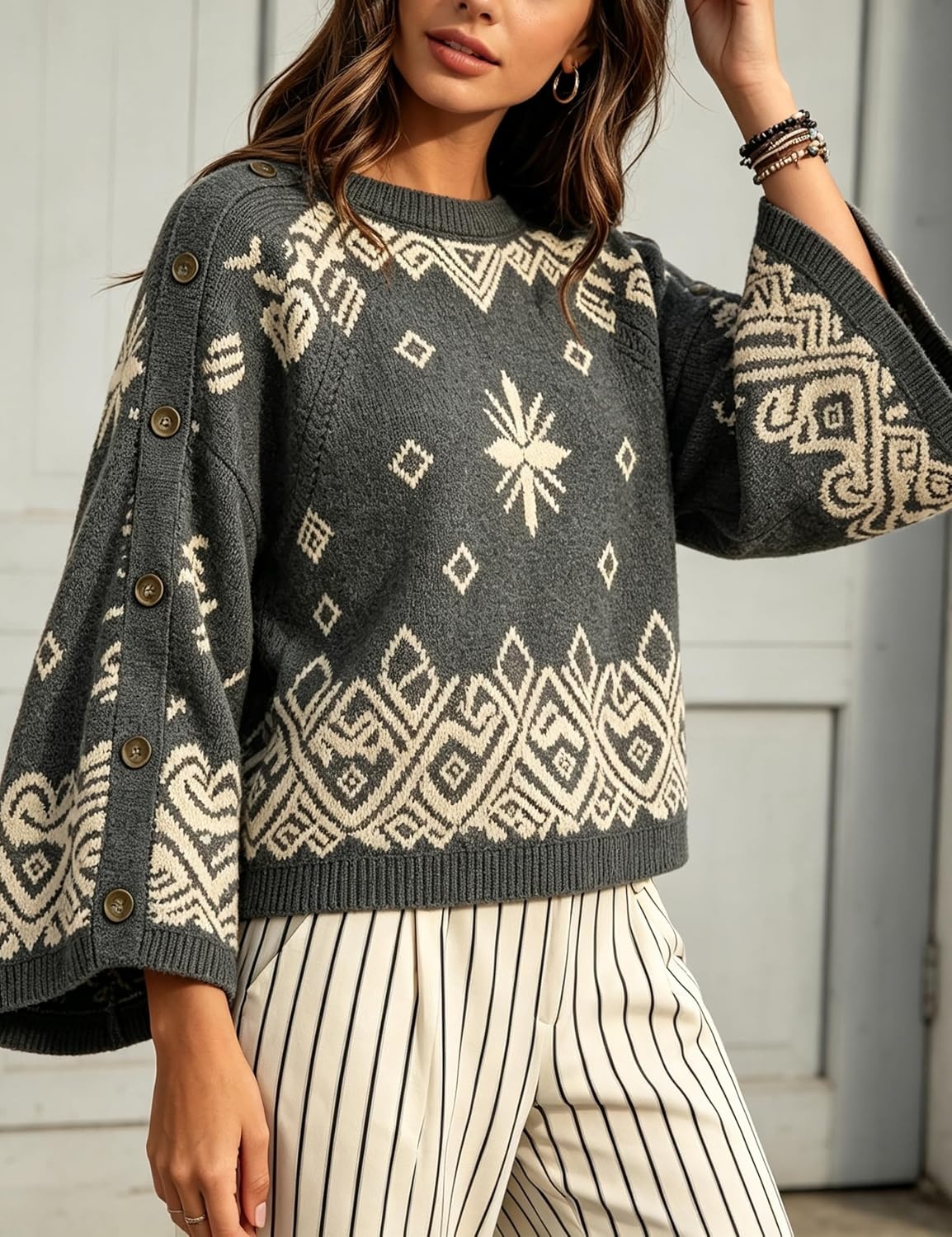 image:imageSpringrain Womens Boho Paisley Knit Sweater Wide Sleeve PulloverDarkgrey