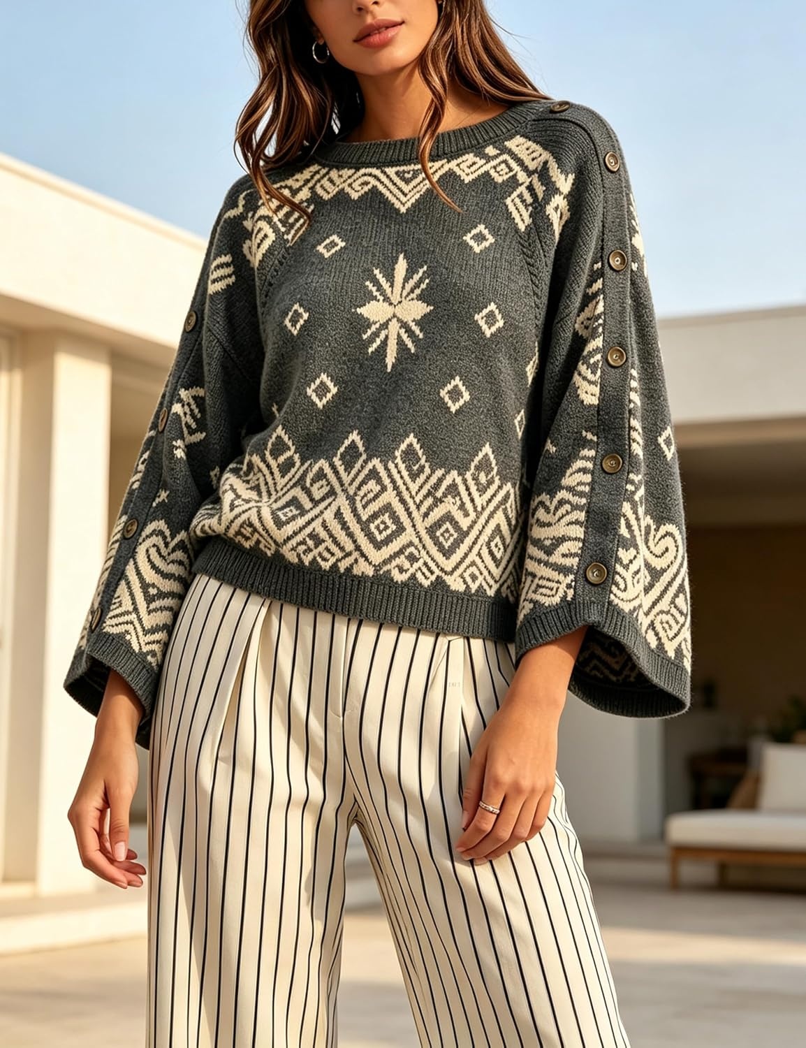 image:imageSpringrain Womens Boho Paisley Knit Sweater Wide Sleeve PulloverDarkgrey