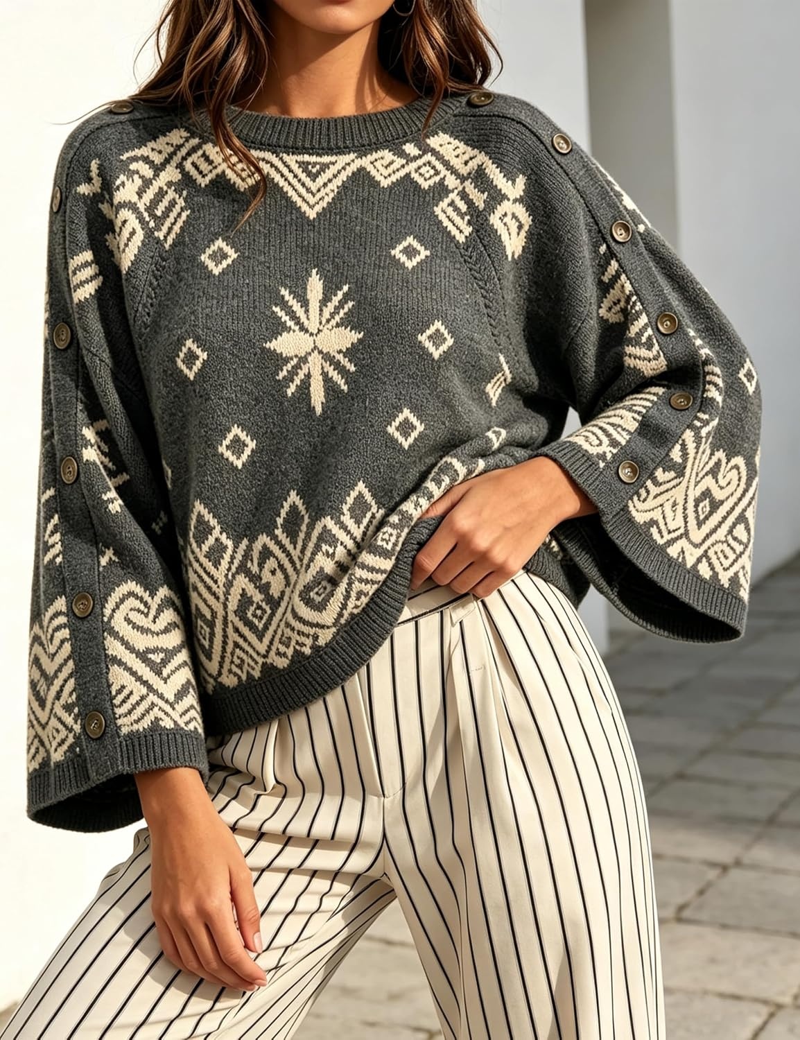 image:imageSpringrain Womens Boho Paisley Knit Sweater Wide Sleeve PulloverDarkgrey