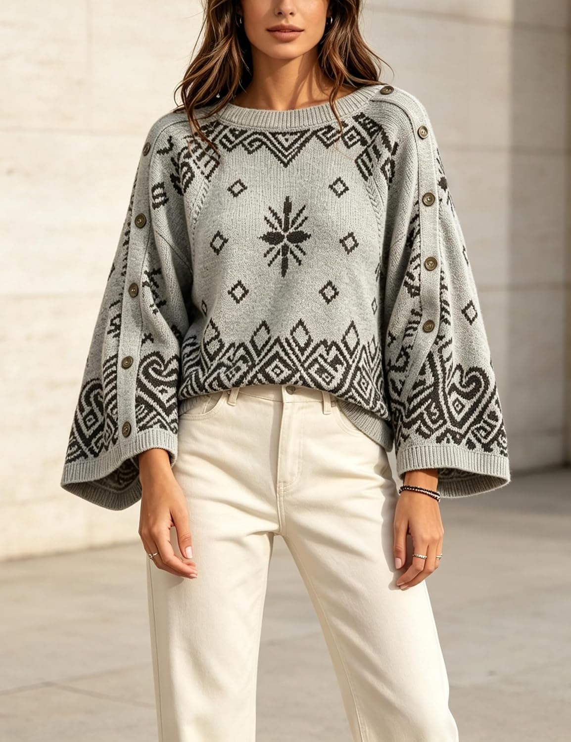 image:imageSpringrain Womens Boho Paisley Knit Sweater Wide Sleeve PulloverGrey
