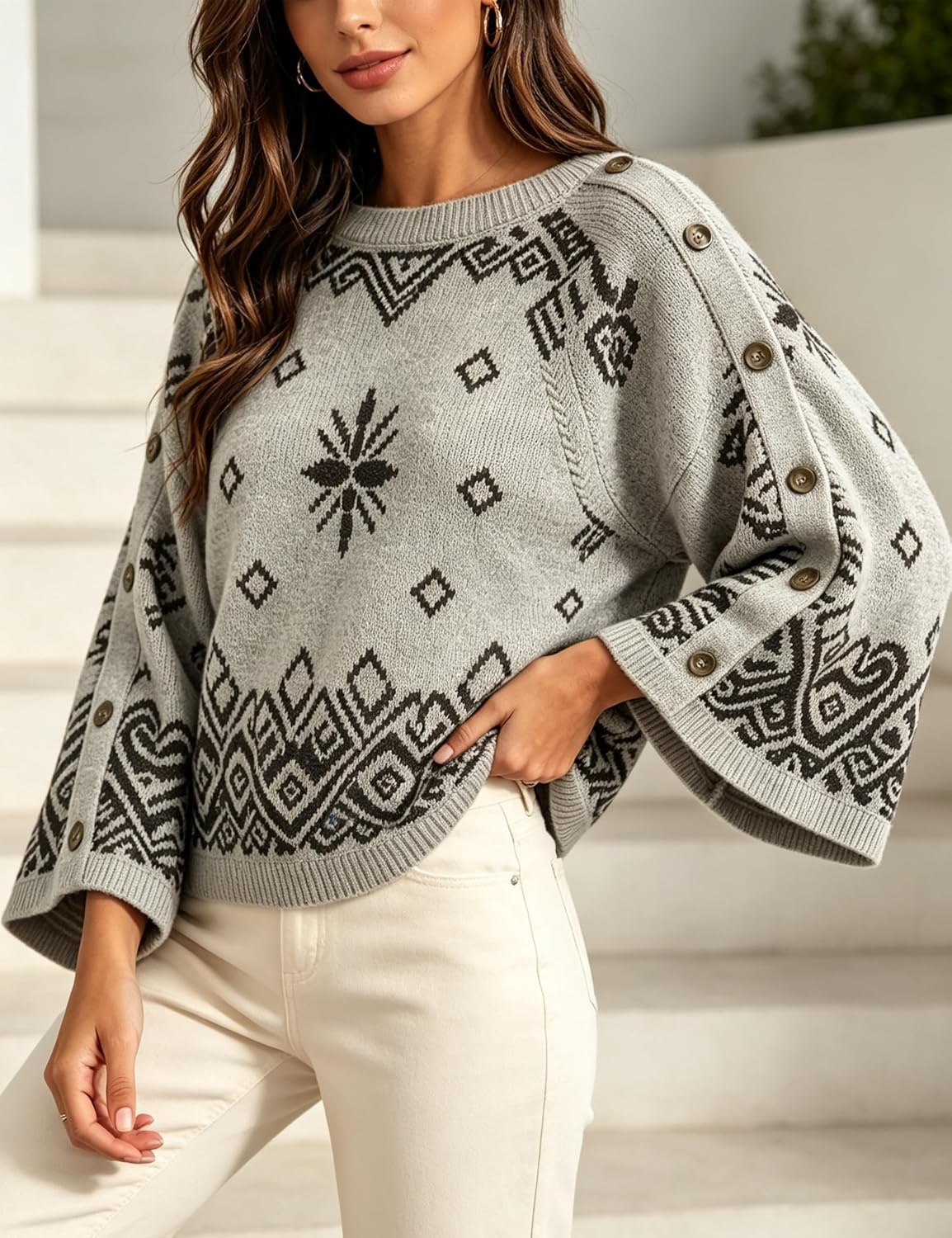 image:imageSpringrain Womens Boho Paisley Knit Sweater Wide Sleeve PulloverGrey
