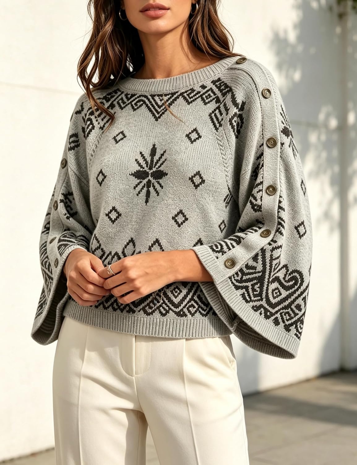 image:imageSpringrain Womens Boho Paisley Knit Sweater Wide Sleeve PulloverGrey