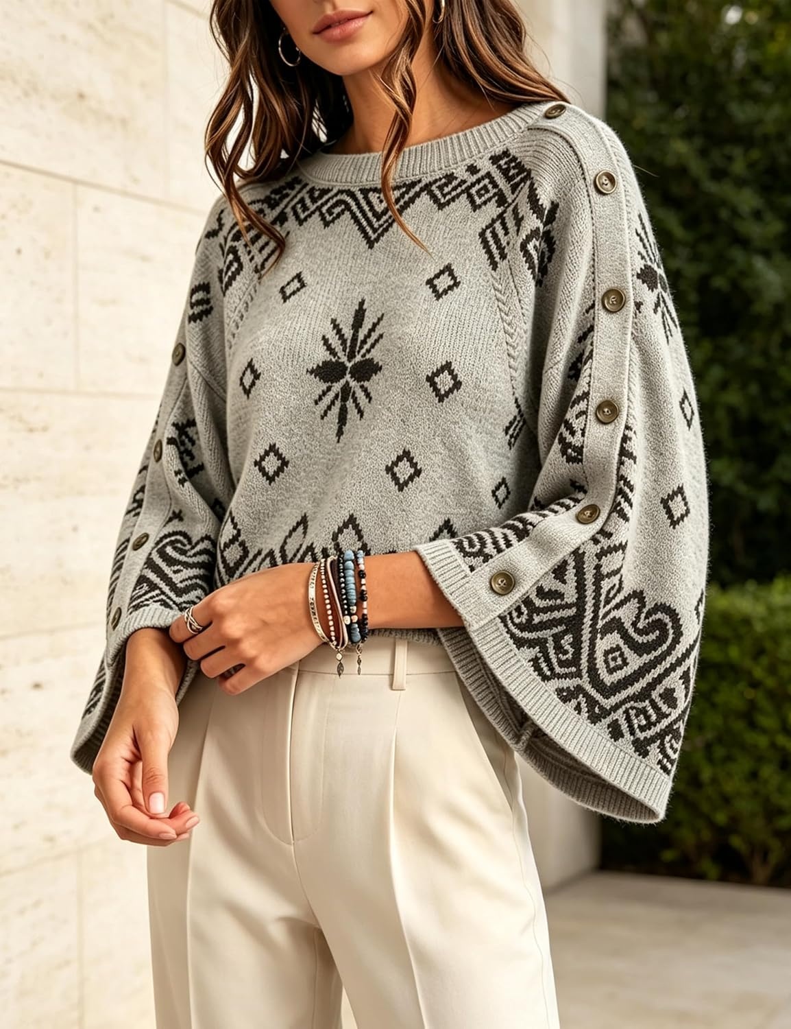 image:imageSpringrain Womens Boho Paisley Knit Sweater Wide Sleeve PulloverGrey