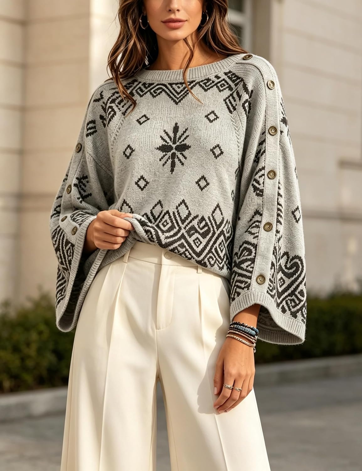 image:imageSpringrain Womens Boho Paisley Knit Sweater Wide Sleeve PulloverGrey