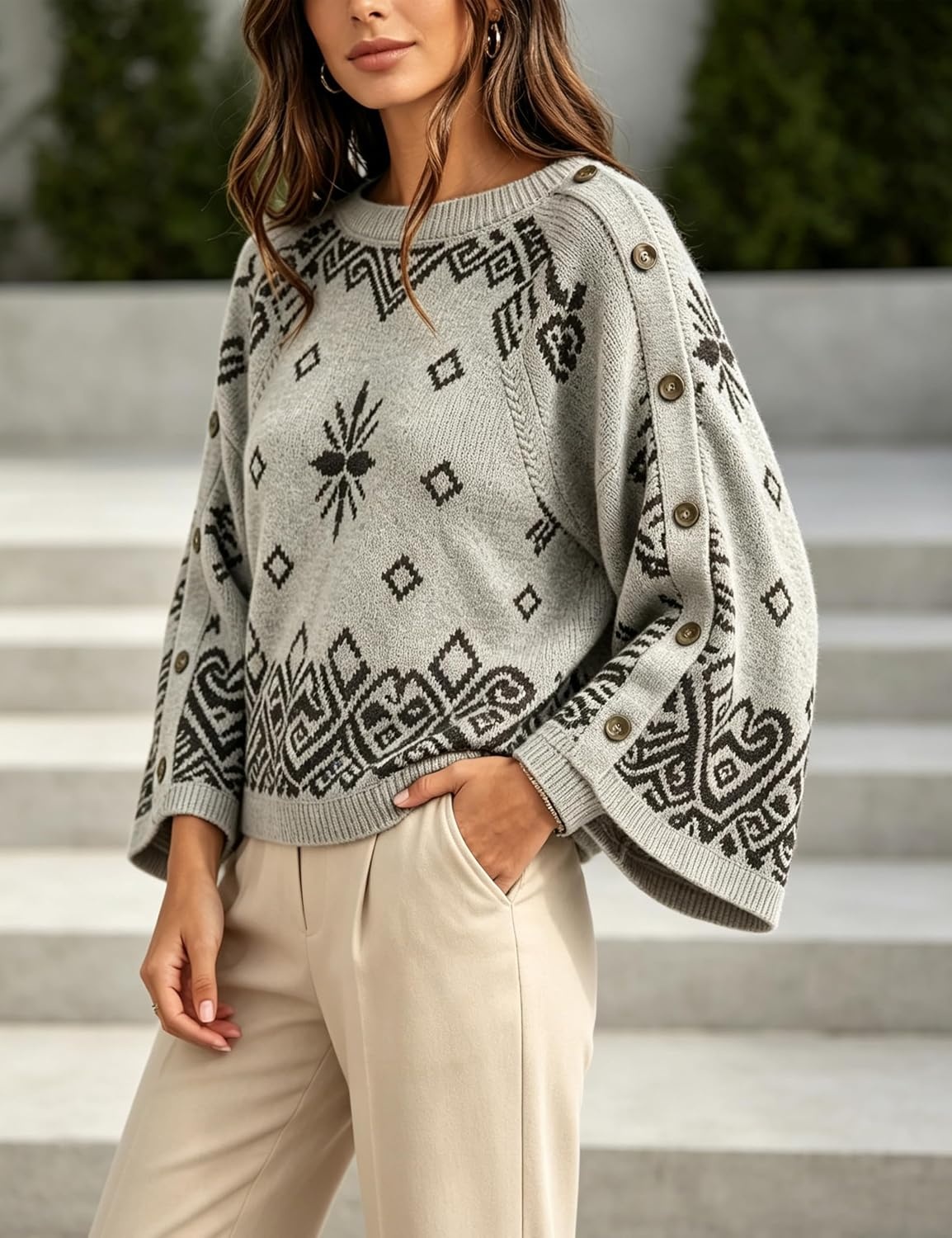 image:imageSpringrain Womens Boho Paisley Knit Sweater Wide Sleeve PulloverGrey
