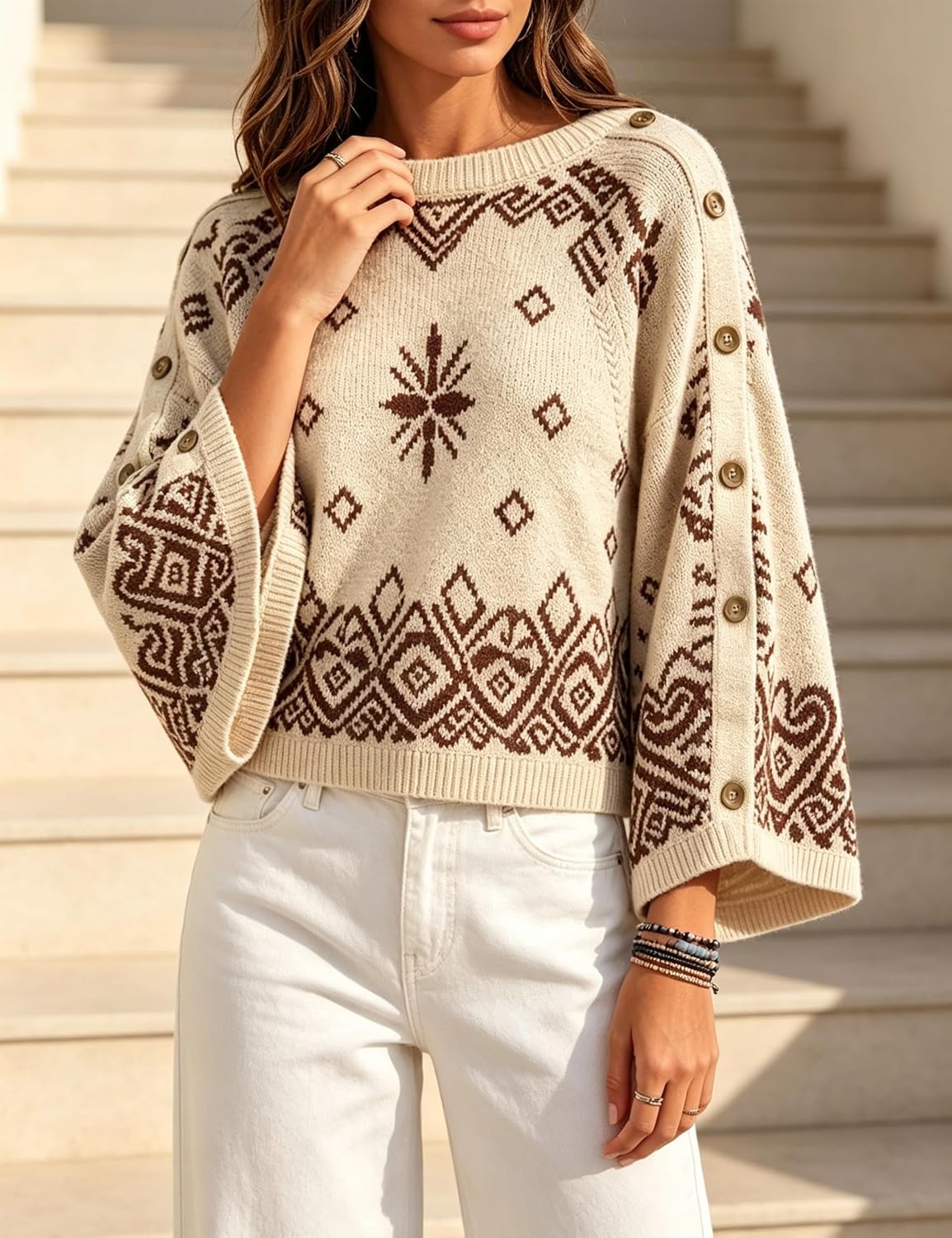 image:imageSpringrain Womens Boho Paisley Knit Sweater Wide Sleeve PulloverKhaki