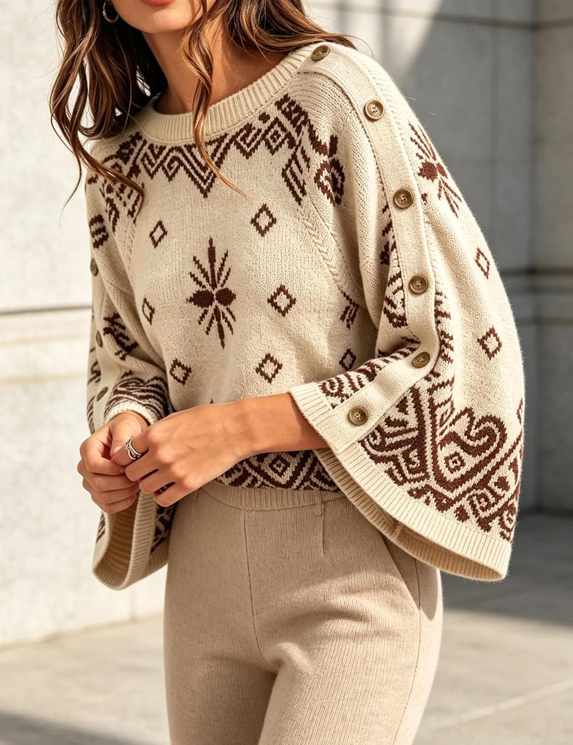 image:imageSpringrain Womens Boho Paisley Knit Sweater Wide Sleeve PulloverKhaki