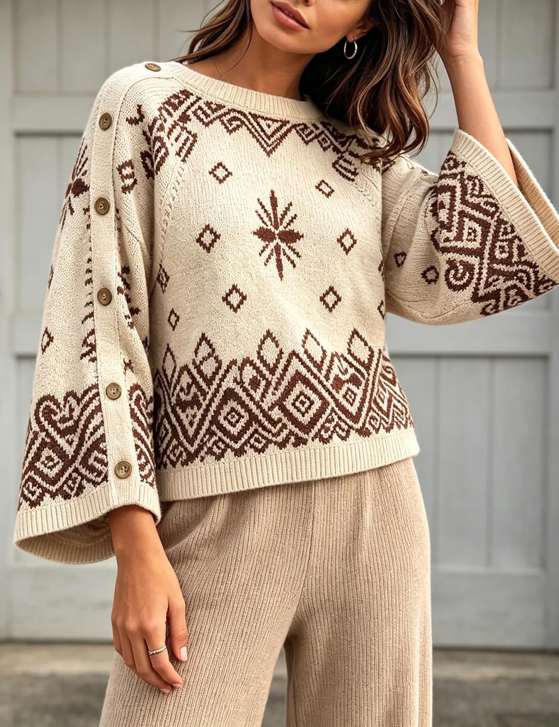 image:imageSpringrain Womens Boho Paisley Knit Sweater Wide Sleeve PulloverKhaki